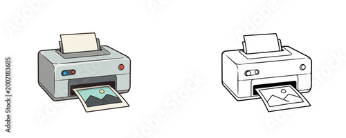 Colored and black outline photo printer illustrations in cartoon and line art styles in grey color with printed mountain picture on white background
