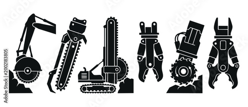 Excavator Attachments Set Construction Tools Icons Vector Collection for Heavy Machinery and Industrial Equipment Design Projects Including Rock Saws, Hydraulic Cutters and Demolition Grapples Black S