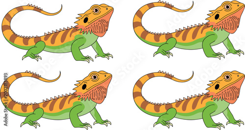Vector illustration of colorful bearded dragon lizards with spiky beards and vibrant orange‑green reptile designs