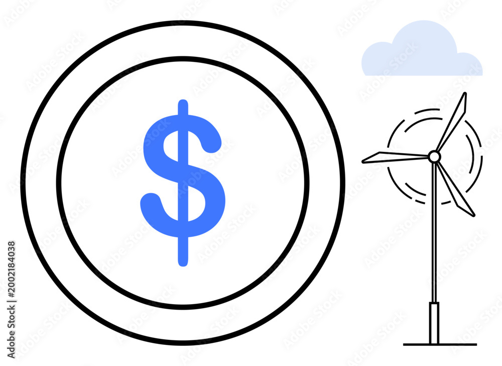 Fototapeta premium Renewable energy, sustainability, eco-finance, green economy, clean energy, environmental awareness. Dollar symbol inside a circle and a wind turbine. Renewable energy and sustainability concept