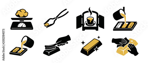 Gold Refining Process Icons Set, Gold Bar Production Steps from Raw Ore to Finished Product, Metallurgy and Casting Symbols for Industrial Manufacturing or Financial Investment Infographics