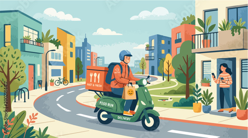 Food Delivery Service Illustration Vector Graphic Featuring Scooter Rider Delivering to Customer in Urban Neighborhood