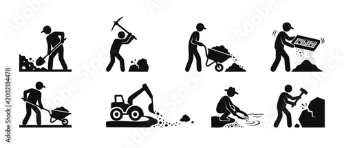 Mining Work Icons Set, Gold Extraction and Excavation Symbols, Stick Figure Workers Using Tools, Shovel Pickaxe Sifting and Heavy Machinery Equipment for Industry Logistics, Construction Site Operatio