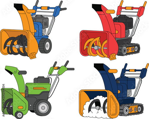 Vector illustration of colorful snow blowers with wheel and tracked designs for winter clearing and outdoor equipment