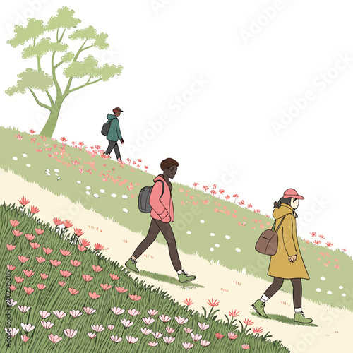 people walking on a hillside with wildflowers digital illustration high quality