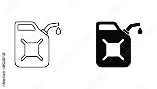 Gasoline canister line art and solid silhouette icons for fuel transport and emergency supply depiction