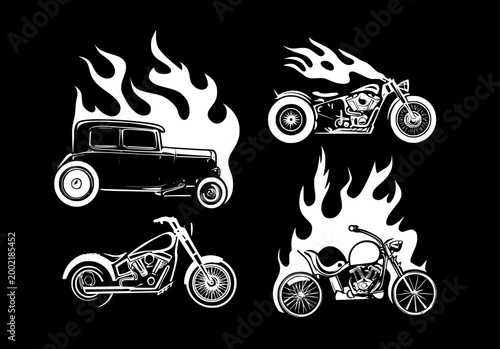 Black and white illustration of a vintage hot rod car and chopper motorcycle with flaming accents on a contrasting black background