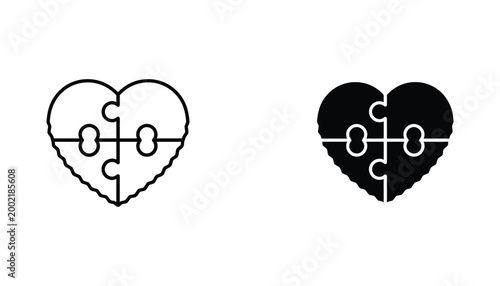 Heart puzzle pieces icon outline and solid silhouette simple vector graphic representing love relationships and unity