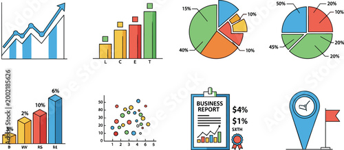 Business Data Analytics Vector Icon Set Featuring Growth Charts Pie Diagrams Bar Graphs Financial Reports and Map Pin Location Markers for Corporate Statistics and Marketing Presentation Projects.