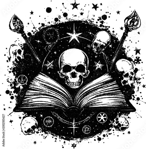 Occult skull label, mystic symbol within a circular rune diagram with esoteric and alchemical signs in white dotwork on black, ancient retro style