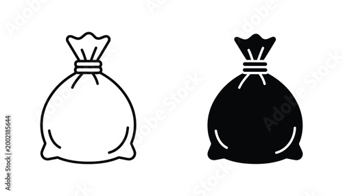 Outline and solid black icon representing a tied bag in profile view on a white background