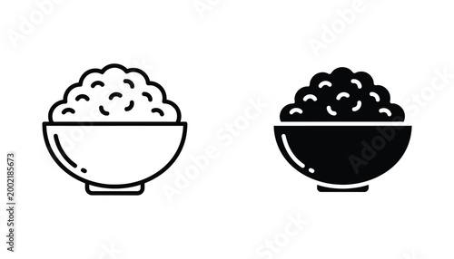 Outline and solid black icon of a bowl filled with rice in profile view on white background