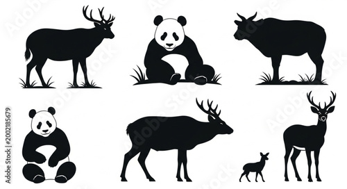 Collection of Silhouettes of Deer and Pandas in Various Poses.