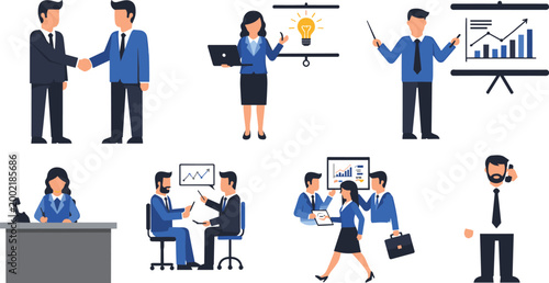 Flat Business Vector Set Featuring Professional People Handshaking Presenting Data Working at Desks and Collaborating for Corporate Success and Office Management Concepts.