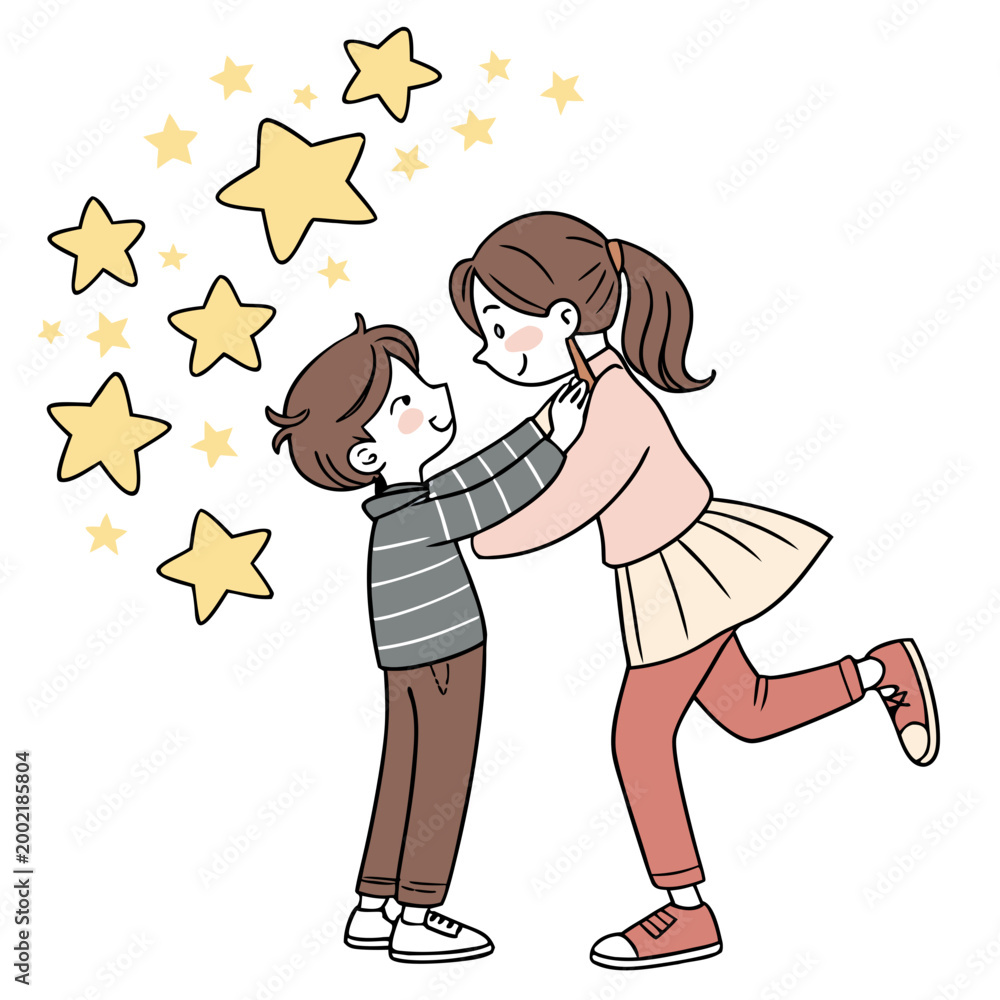 Fototapeta premium Embracing boy and girl with glowing stars hand drawn illustration
