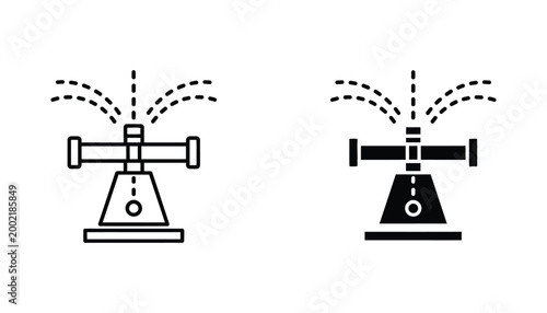 Industrial lawn sprinkler equipment icon in outline and solid black style for irrigation and gardening design concepts