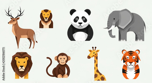Collection of Diverse Cute Cartoon Animals in Flat Design Style.