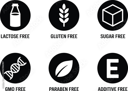 Set of icons representing free from certifications for food products