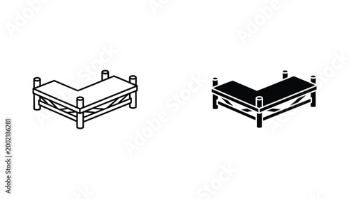 Isometric stage platform icon for event production and construction industry equipment visuals in black and white vector format