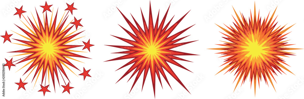 Fototapeta premium Red Orange Firework Explosion Burst Icon Set with Stars for Celebration, Festival, Comic, and Graphic Design