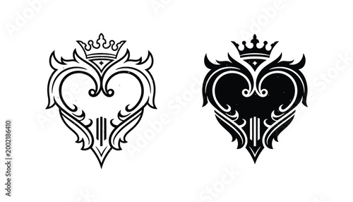 Ornate crest emblem with crown and heart motif in outline and distressed solid black styles symbolizing royalty luxury and heraldry isolated on white