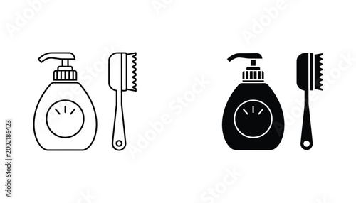Liquid soap dispenser and toothbrush icon set in outline and solid black styles for hygiene and personal care themes isolated on white background