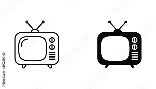 Retro television set icon collection featuring vintage TV with antenna in outline and solid black filled styles isolated on white background