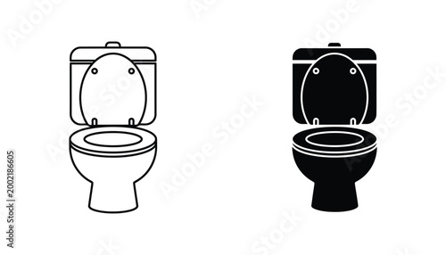 Modern ceramic toilet bowl icon set with open lid featuring clean outline and solid black silhouette styles for plumbing service and bathroom renovation branding graphics isolated on white background