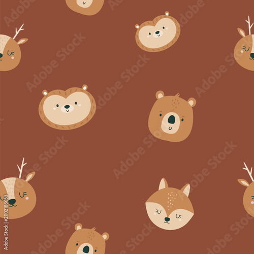 Cute seamless pattern with cartoon forest, woodland animal faces