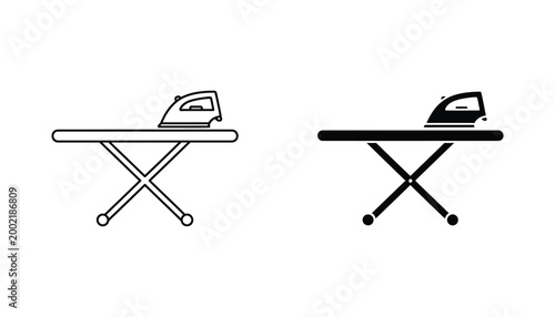 Ironing board and clothes iron tool icon set in outline and solid black graphic styles for home laundry and housekeeping services