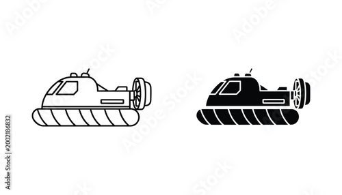 Hovercraft vehicle icon set presented in detailed line art and solid silhouette styles for futuristic transportation concepts and nautical equipment graphic design assets or travel industry branding