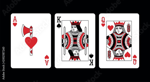 Cuadro en lienzo Stylish Ace, King, and Queen Playing Card Set in Red and Black for Casino, Poker