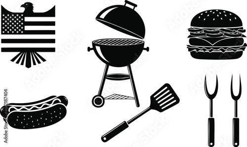 Set of barbecue food and tools vector illustration. eagle flag, grill, burger, hot dog, spatula, forks.