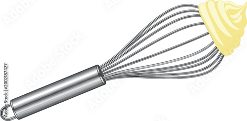 Stainless Steel Kitchen Whisk with Cream Batter Illustration for Cooking, Baking, Culinary, and Food Preparation Recipe Design Projects