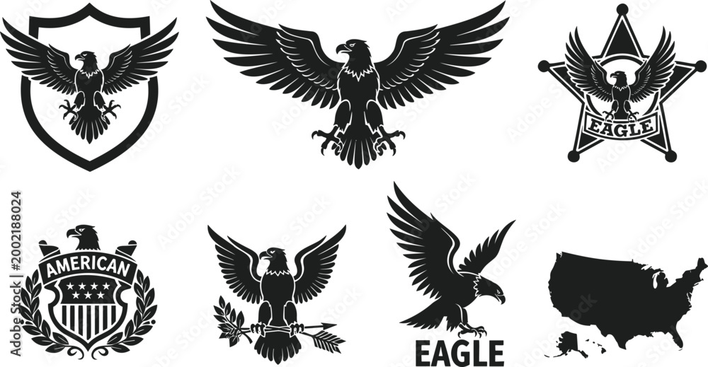 Fototapeta premium Set of eagle and american map vector illustration for patriotic design projects and branding.