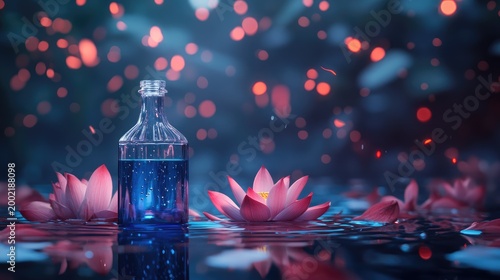 Serene Spa Scene: Water Bottle and Lotus Blossoms in Calming Water Reflection