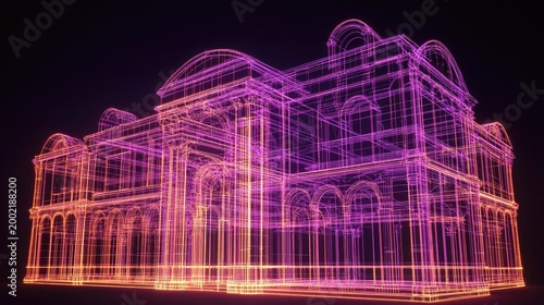 Architectural blueprint rendering: glowing lines create a vibrant building design