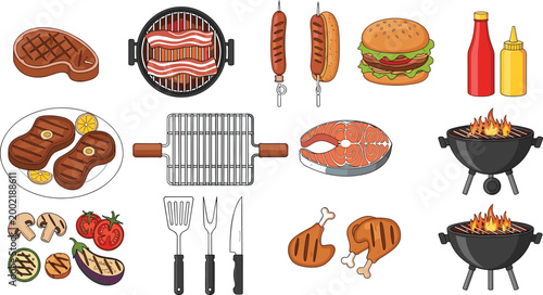 Barbecue Food and Grill Set Featuring Steak, Burger, Sausages, Shrimp, Vegetables, and BBQ Equipment in Flat Design Style for Outdoor Cooking Illustration.