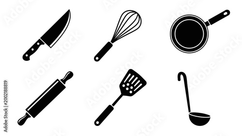 Set of six black and white silhouette icons of essential kitchen utensils for cooking and baking