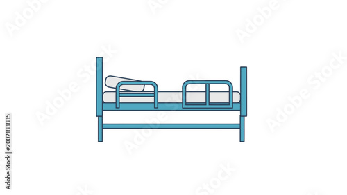 Simple graphic illustration of a blue hospital bed with safety rails and a pillow