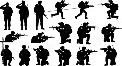 Military soldier silhouette collection and army infantry and special forces vector set with black and white tactical - Vector stock