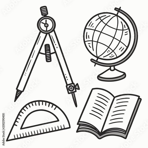 Hand drawn education supplies illustration with drafting compass terrestrial globe protractor and open textbook for learning