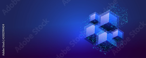 AI isometric blockchain connected concept. Blue block btc design. Transparent cubes with binary code big data design. Ai chain technology banner. Science and business processing.
