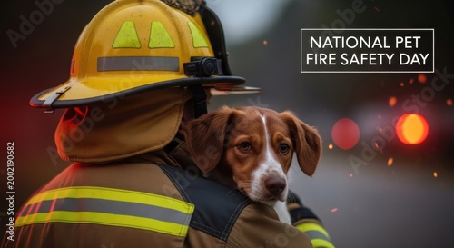 firefighter with dog on national pet fire safety day in urban night setting