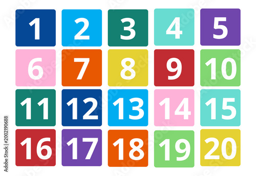 COLORFUL NUMBER CARDS 1-20 GRID. EDUCATIONAL MATH RESOURCE WITH ROUNDED SQUARE TILES IN VARIOUS BRIGHT COLORS. VECTOR SET FOR TEACHING COUNTING AND NUMERACY.