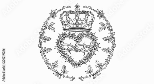 Royal Crown, Heart Crest, Vintage Vector Emblem, Ornate Decorative Icon, Floral Wreath Design Element