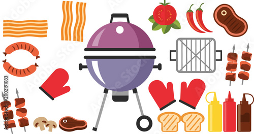 Barbecue Grill Cooking Set Featuring BBQ Equipment, Bacon, Sausage, Steak, Skewers, and Kitchen Tools in Flat Design Style for Food and Outdoor Illustration.
