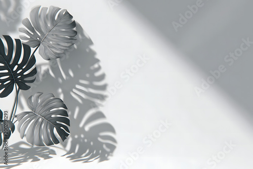 abstract gray shadow of monstera leaves on a white background