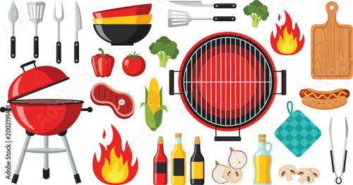Barbecue Grill Equipment and Food Collection Featuring BBQ Tools, Meat, Vegetables, Sauces, and Fire Elements in Flat Design Style for Cooking and Food Illustration.