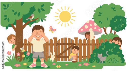 Valokuva Children playing hide and seek in sunny garden with fence and bushes